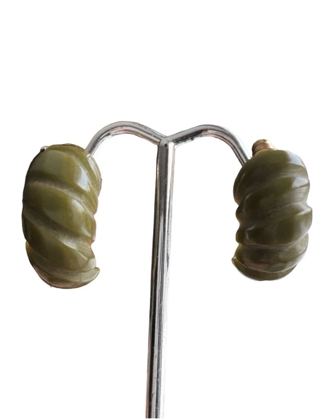 Vintage Tested Spinach Green Bakelite Carved Hoop Earrings Olive Swirl